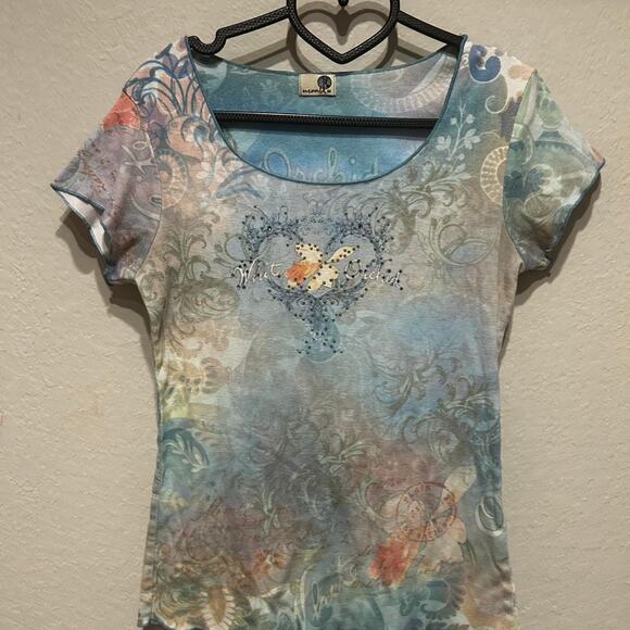 Blue and white Y2K short sleeve top with heart and flower design white orchid - Picture 2 of 8